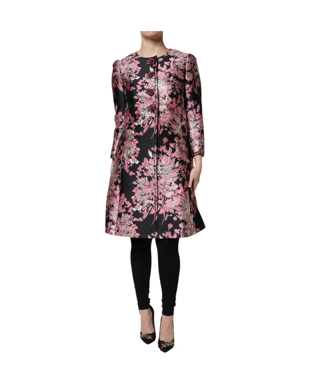 Dolce & Gabbana Pink Black Floral Brocade Trenchcoat Jacket