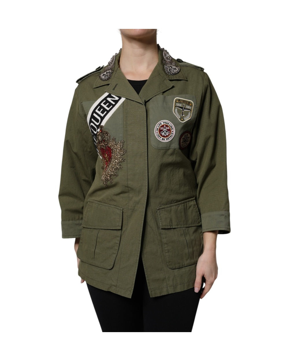 Dolce & Gabbana Military Green Queen Embellished Coat Jacket