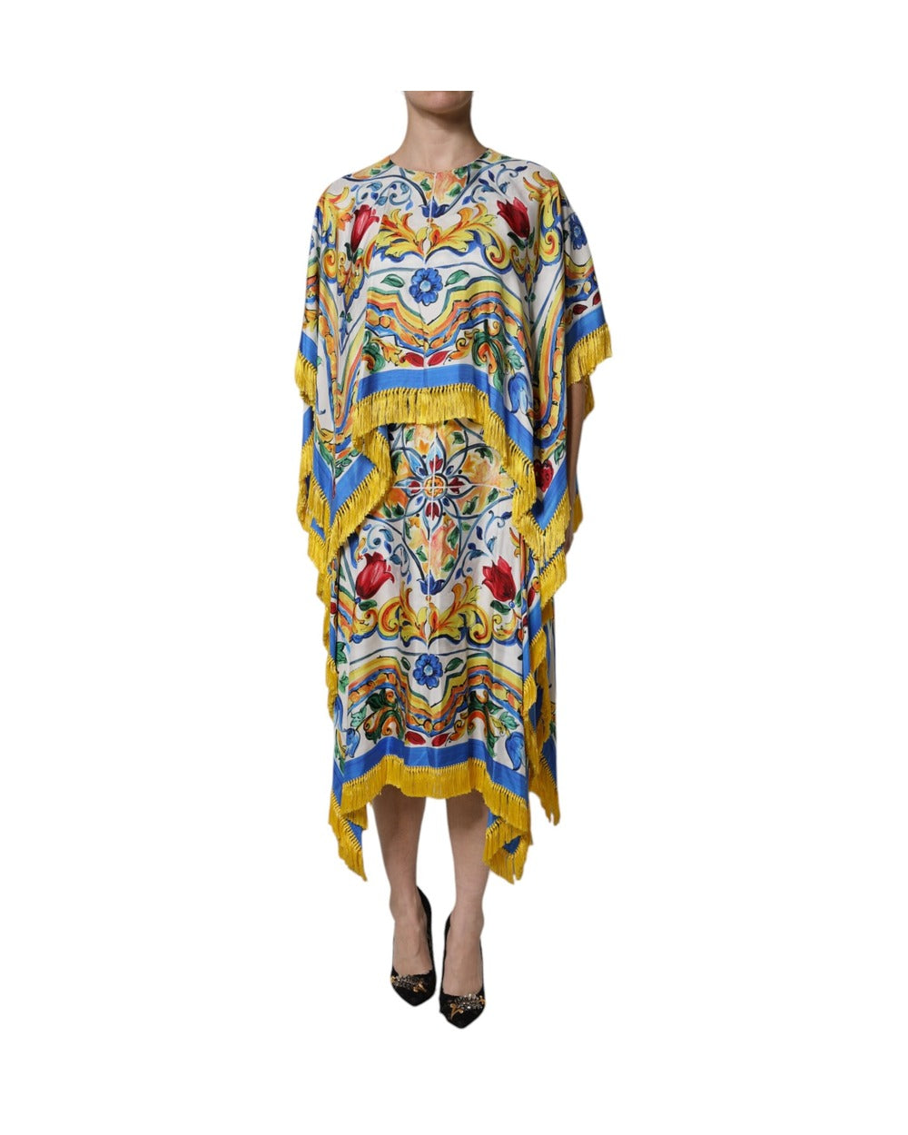 Dolce & Gabbana Multicolor Majolica Kaftan Short Sleeves Maxi Dress