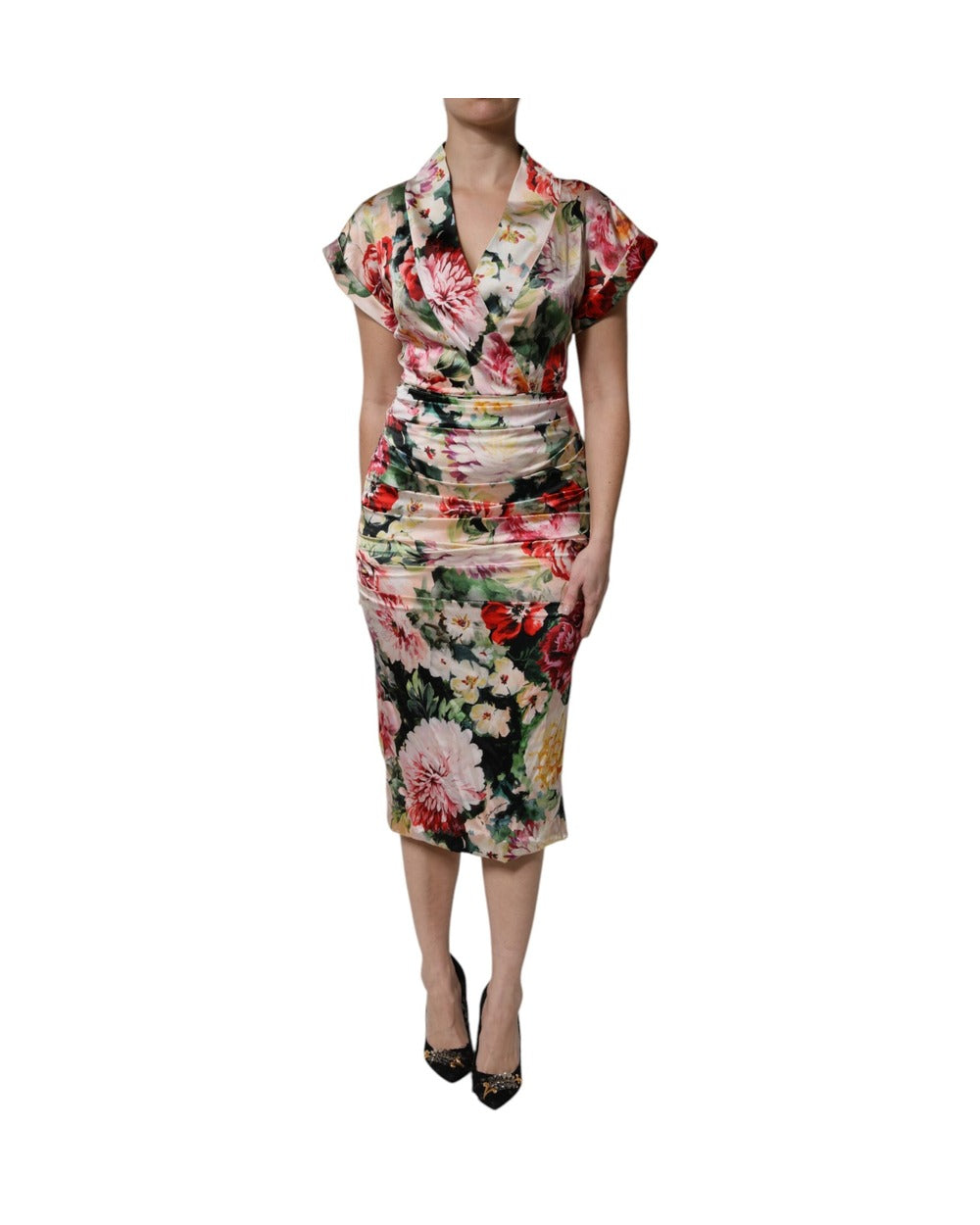 Dolce & Gabbana Multicolor Floral Short Sleeves Sheath Midi Dress