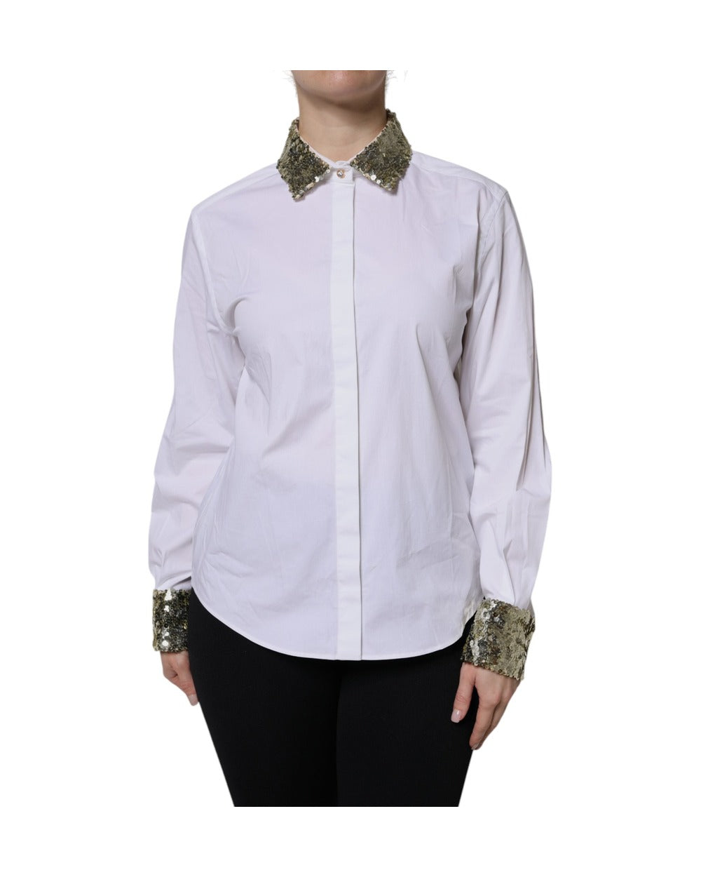 Dolce & Gabbana White Cotton Long Sleeves Sequin Shirt Top