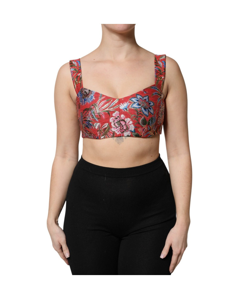 Dolce & Gabbana Red Floral Brocade Cropped Bustier Corset Top