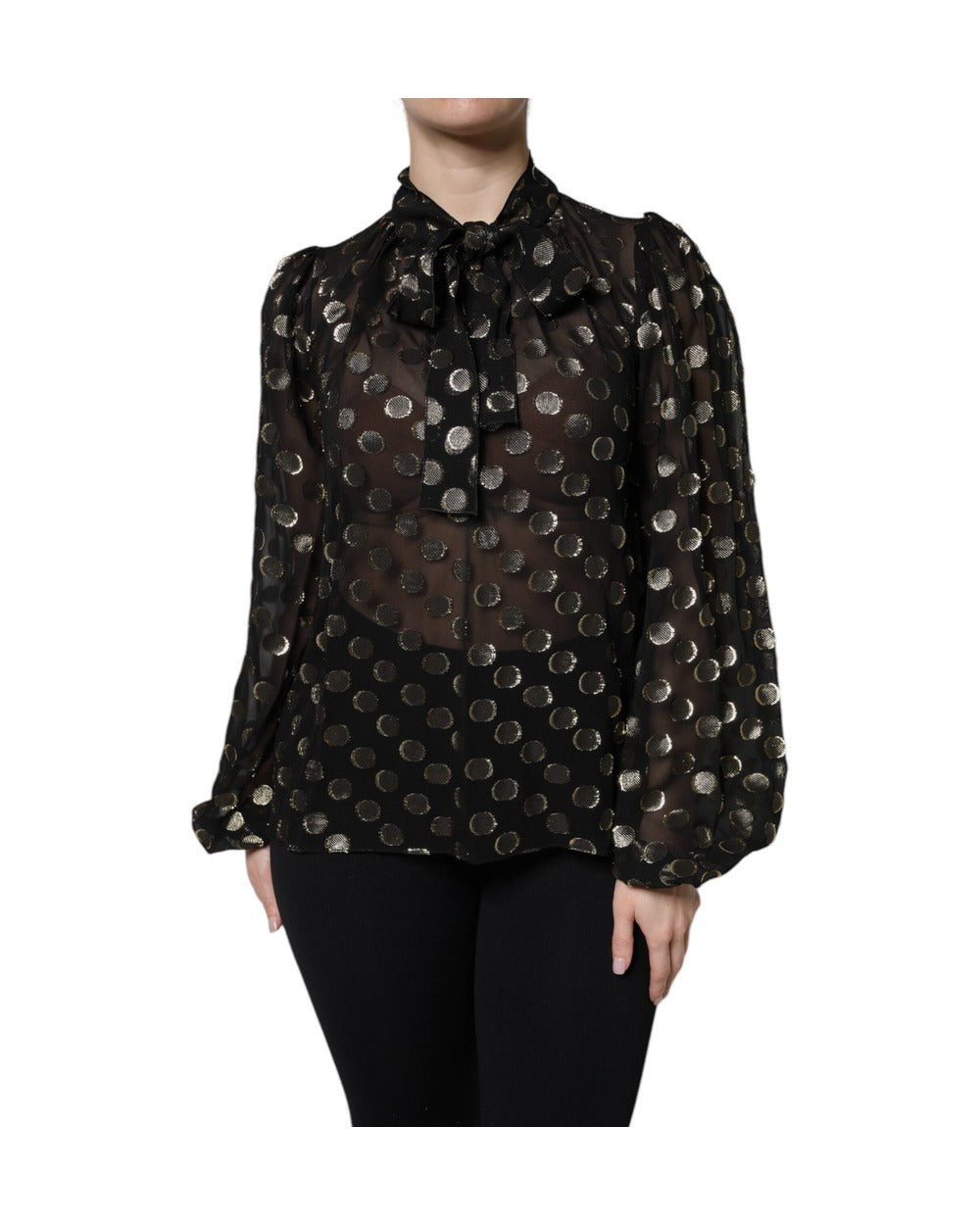 Dolce & Gabbana Black Sheer Tied Neck Polka Dots Blouse Top