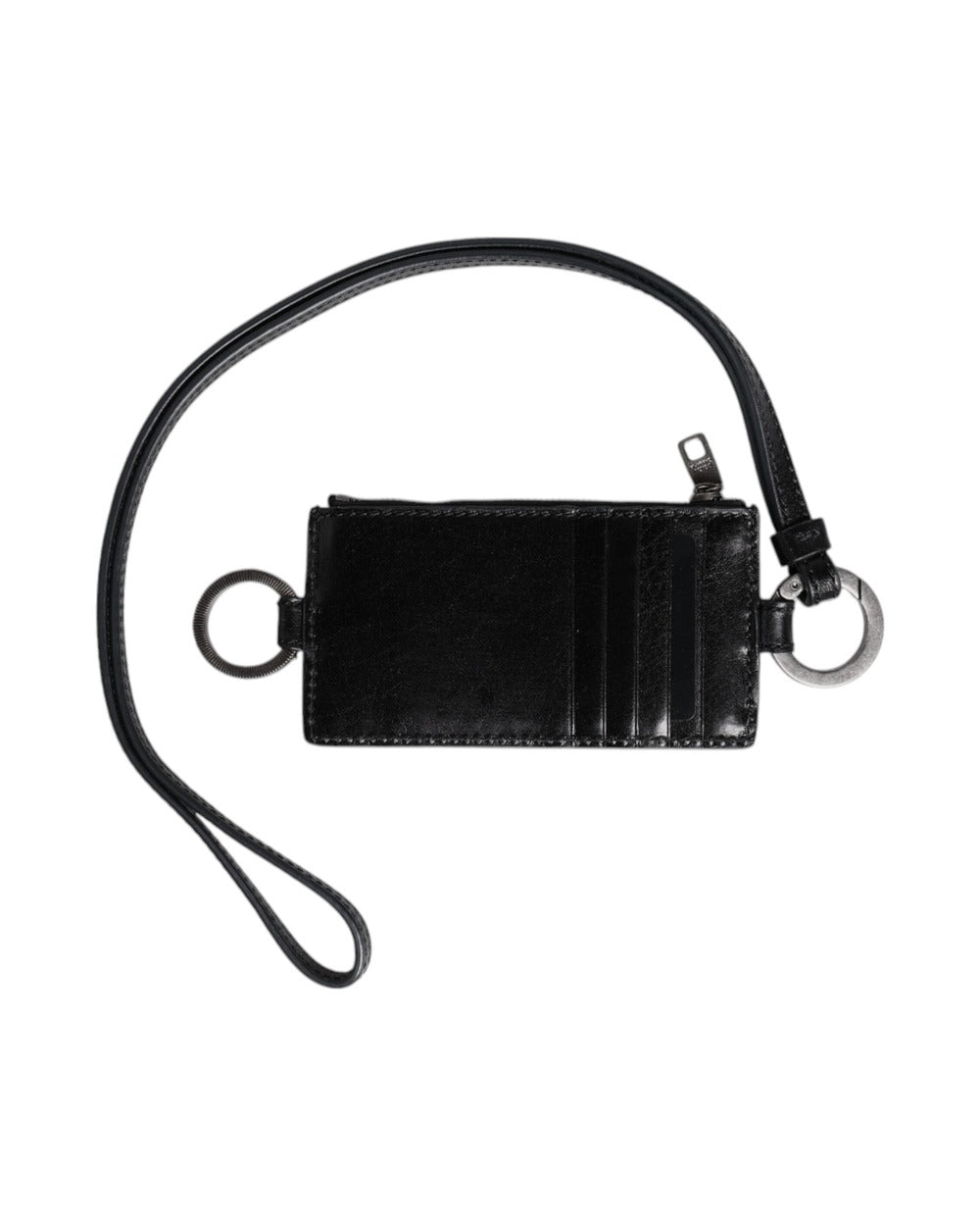 Dolce & Gabbana Black Leather Logo Embossed Lanyard Card Holder Wallet