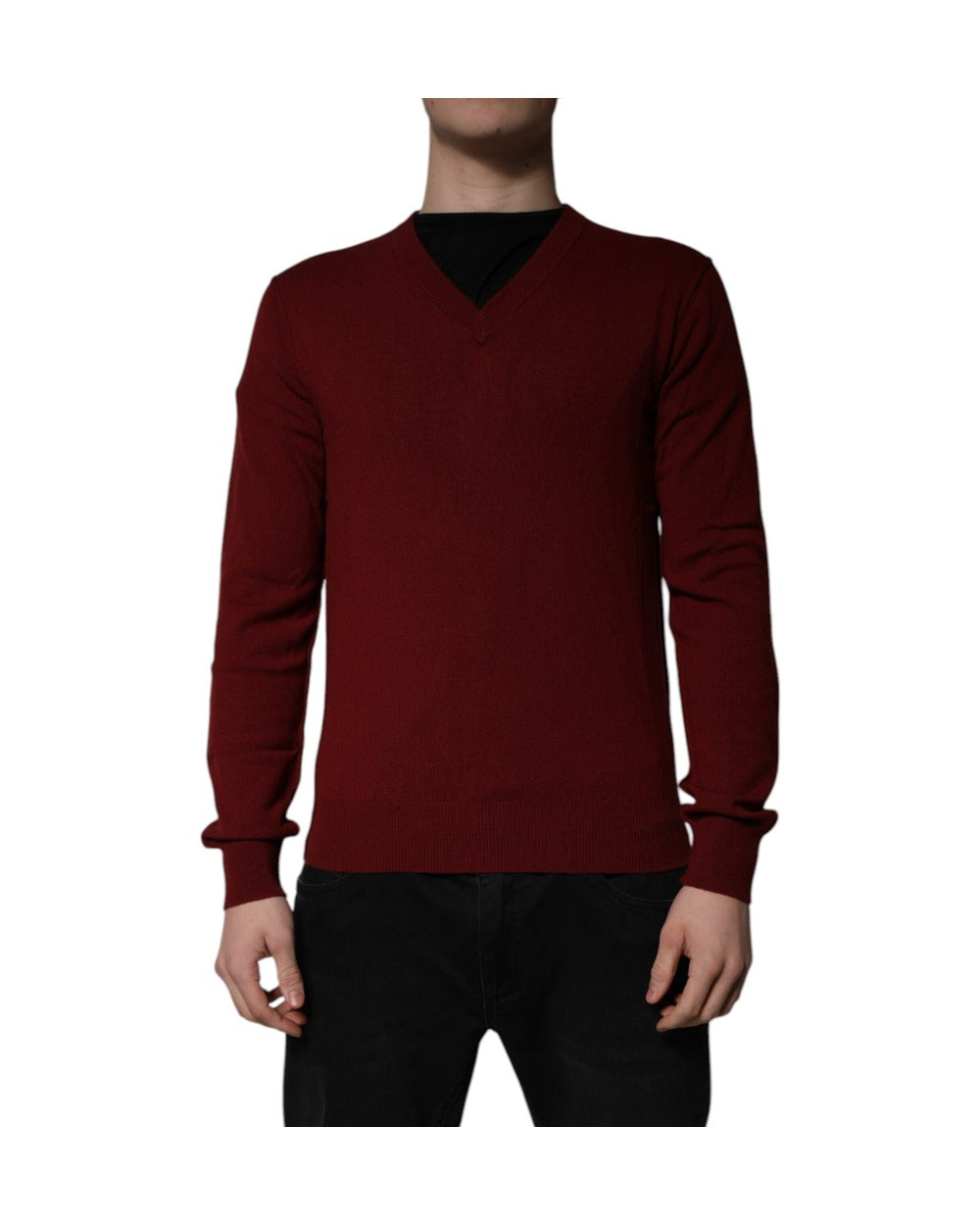 Dolce & Gabbana Maroon Cashmere V-neck Men Pullover Sweater