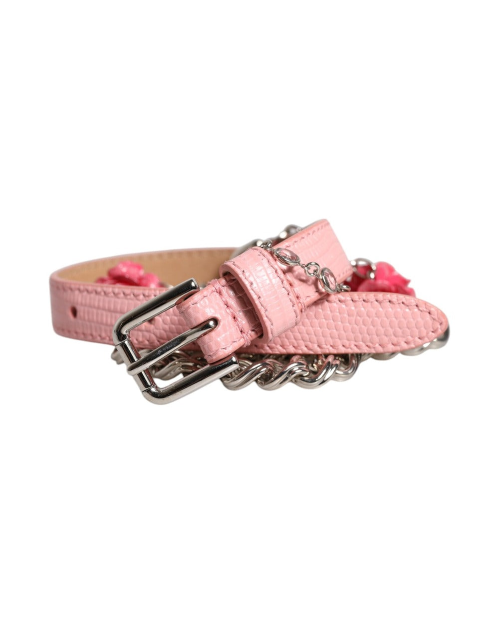 Dolce & Gabbana Pink Embelished Roses Textured Leather Belt