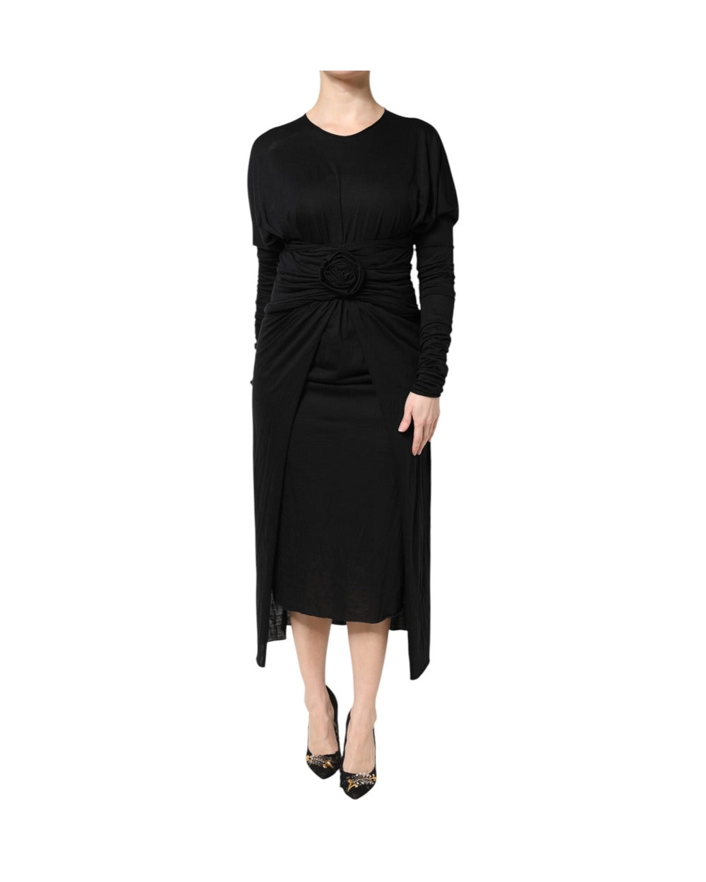 Dolce & Gabbana Black Wool Long Sleeves Sheath Midi Dress