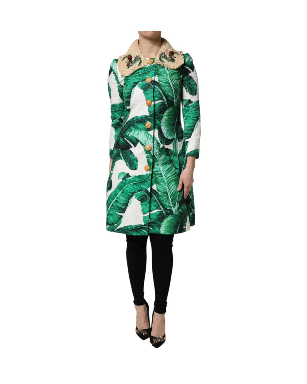 Dolce & Gabbana Multicolor Leaf Print Embellished Trenchcoat Jacket