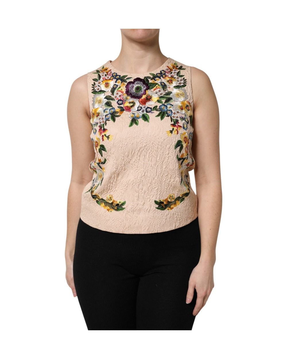 Dolce & Gabbana Beige Floral Embroidery Sleeveless Tank Top
