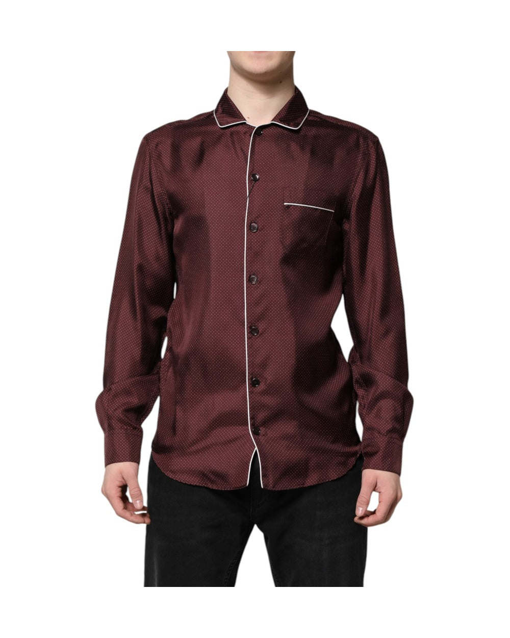 Dolce & Gabbana Burgundy Silk Dotted Long Sleeves Shirt
