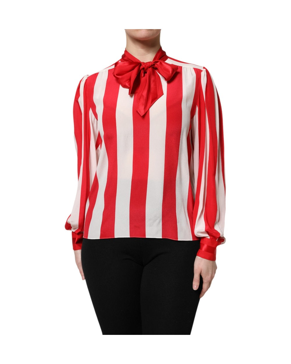 Dolce & Gabbana Red White Stripes Ascot Collar Blouse Top