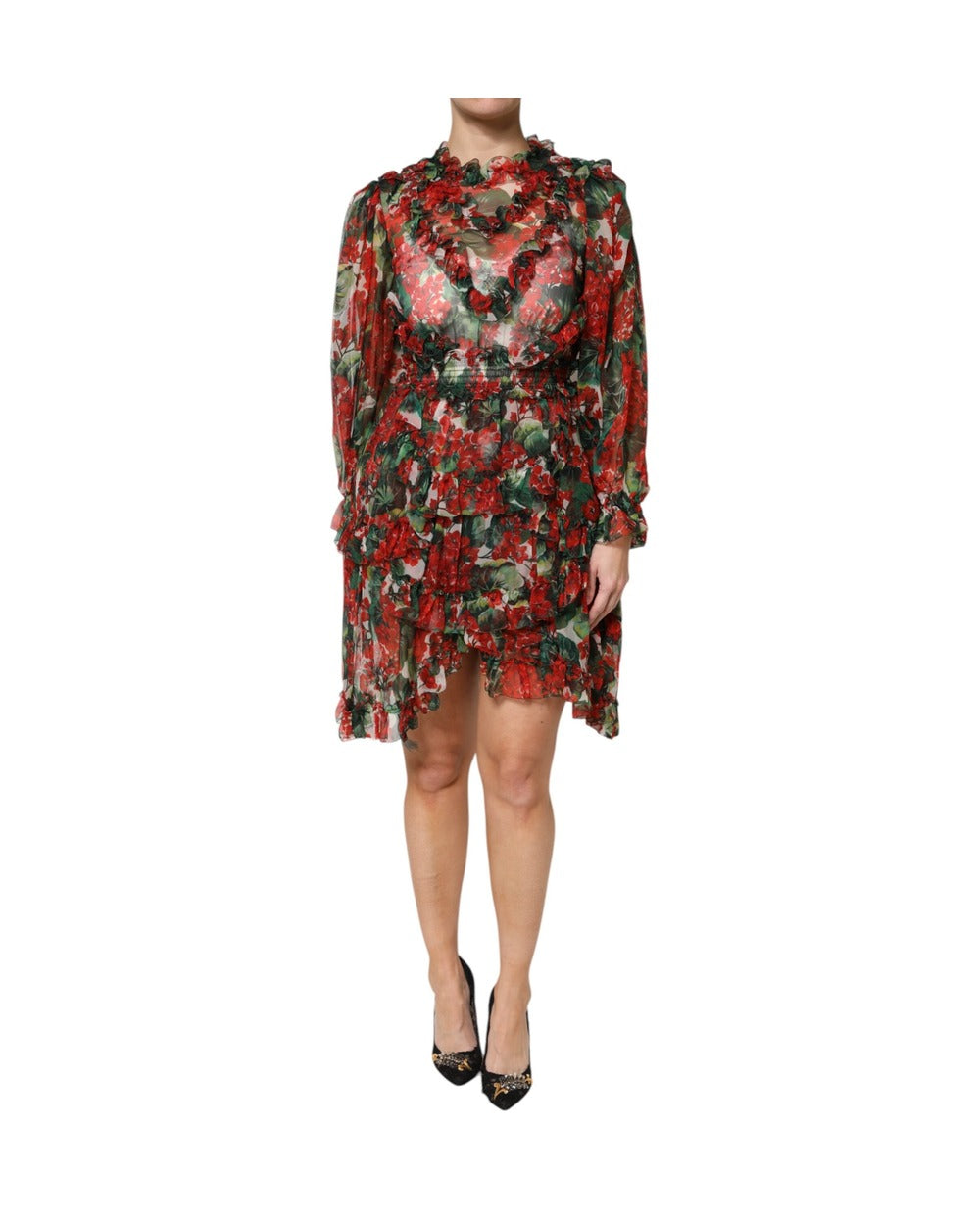 Dolce & Gabbana Multicolor Ruffle Floral Long Sleeves Dress