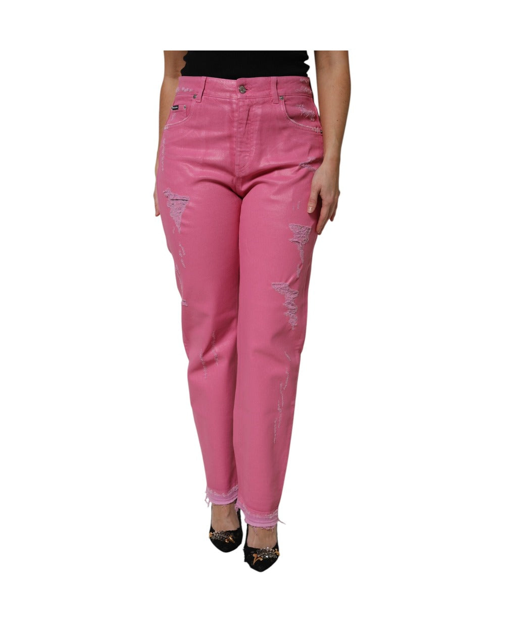 Dolce & Gabbana Pink Tattered Mid Waist Tapered Denim Jeans