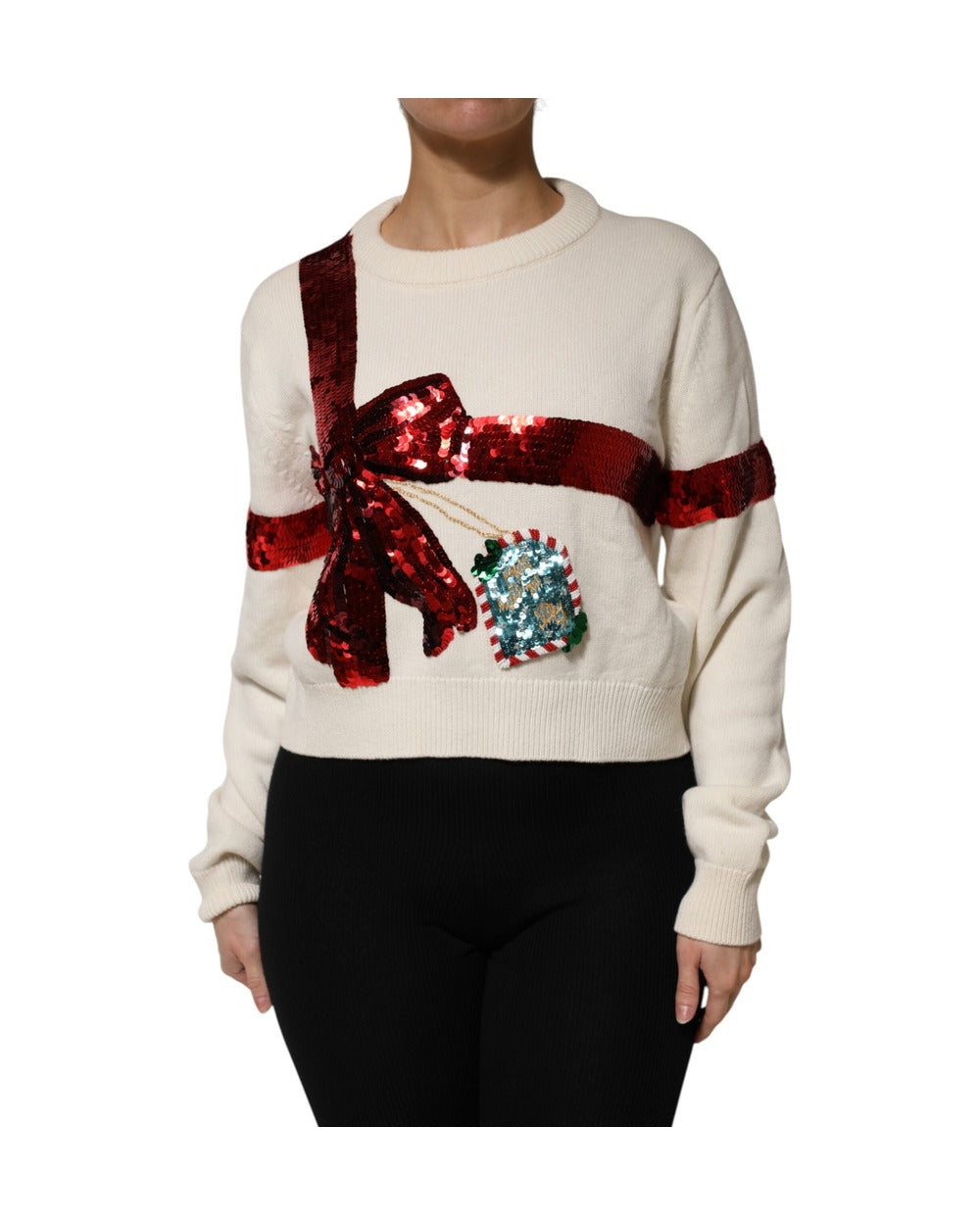 Dolce & Gabbana White Sequined Crew Neck Pullover Sweater