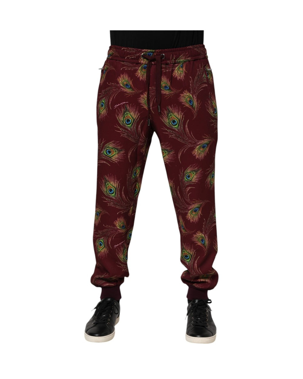 Dolce & Gabbana Burgundy Peacock Feather Print Jogger Pants