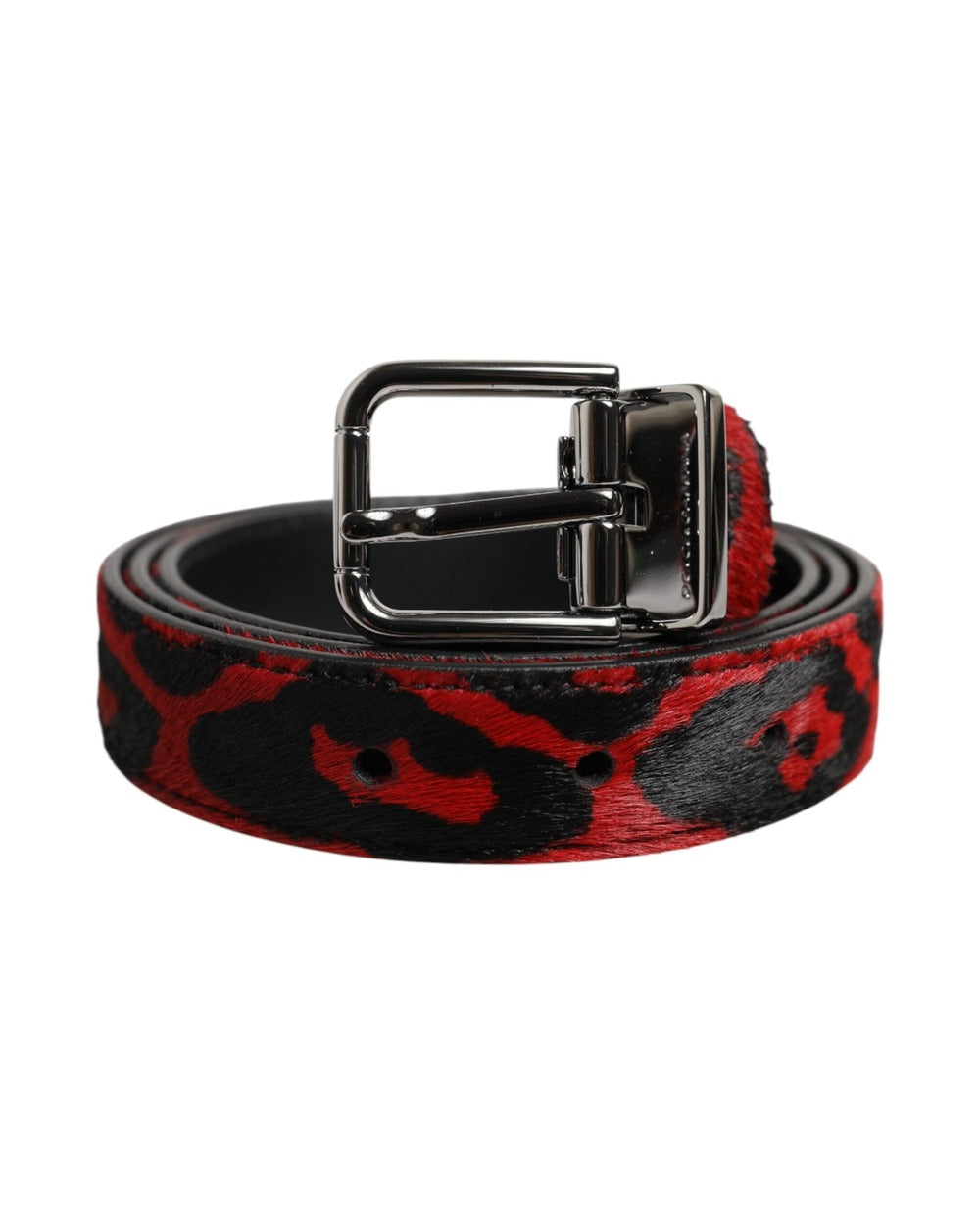 Dolce & Gabbana Black Red Leopard Silver Metal Buckle Belt