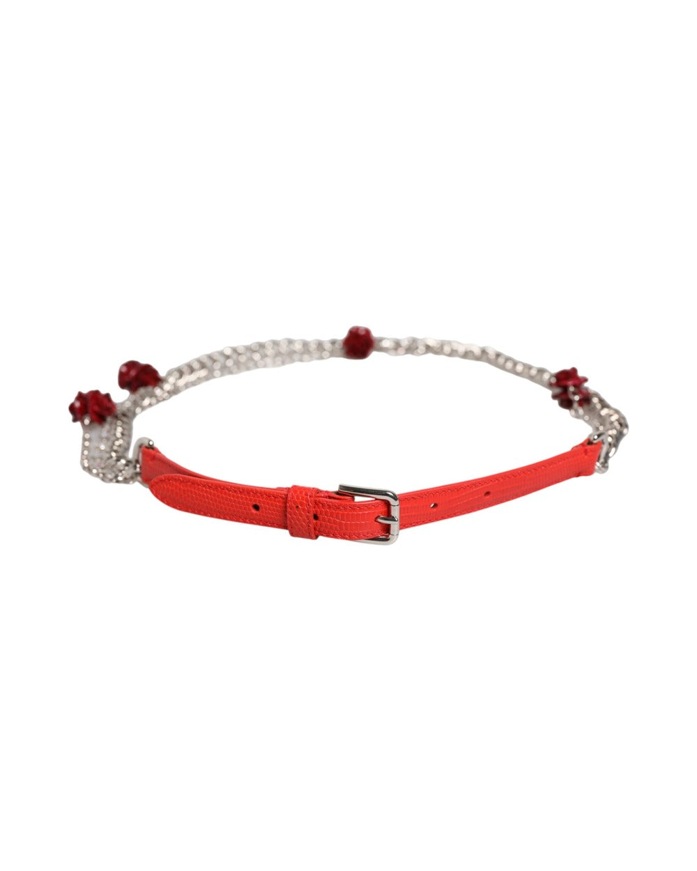 Dolce & Gabbana Red Leather Silver Chain Floral Cintura Belt