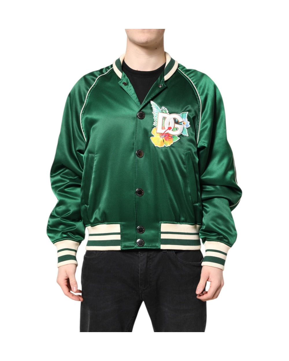 Dolce & Gabbana Green Floral DG Logo Full Zip Bomber Jacket
