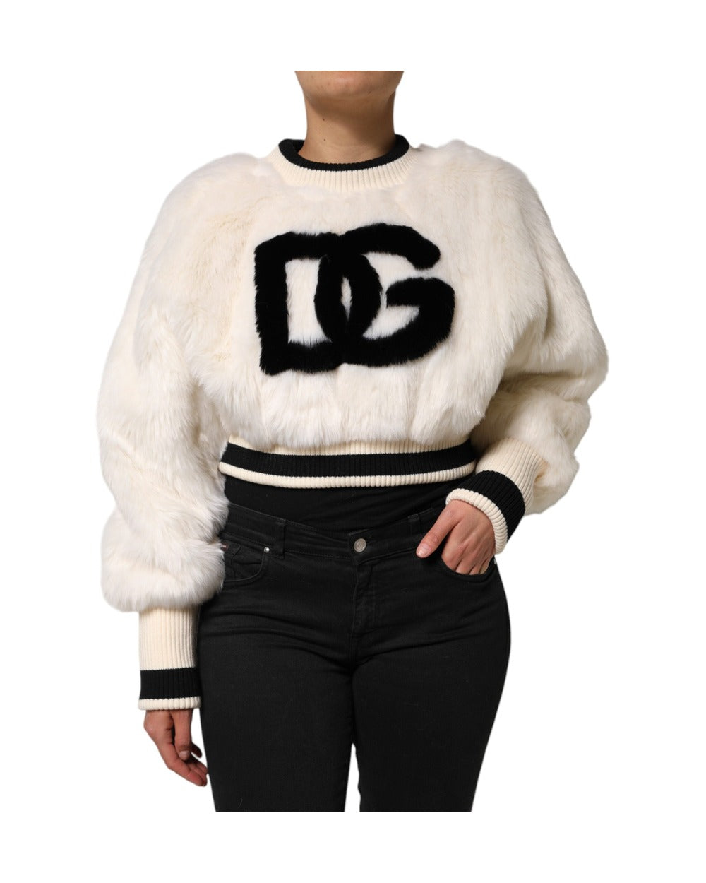 Dolce & Gabbana White Cropped Faux Fur DG Sweatshirt Sweater