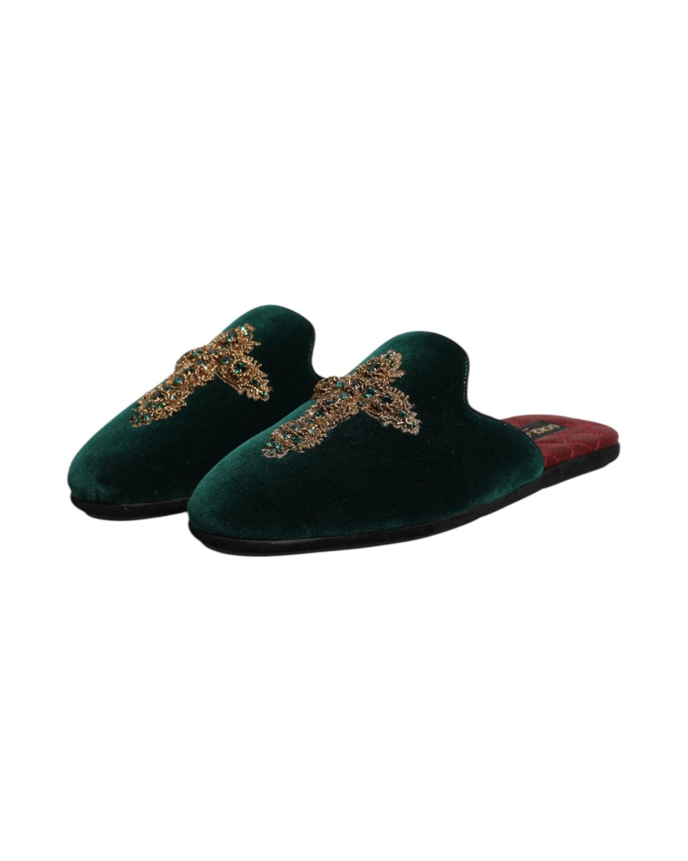Dolce & Gabbana Green Velvet Cross Embellished Slippers Shoes