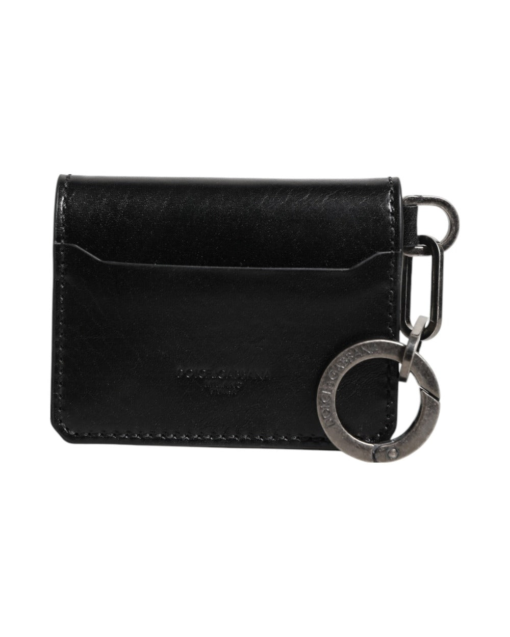 Dolce & Gabbana Wallet Black Leather Logo Embossed Key Chain Card Holder Wallet
