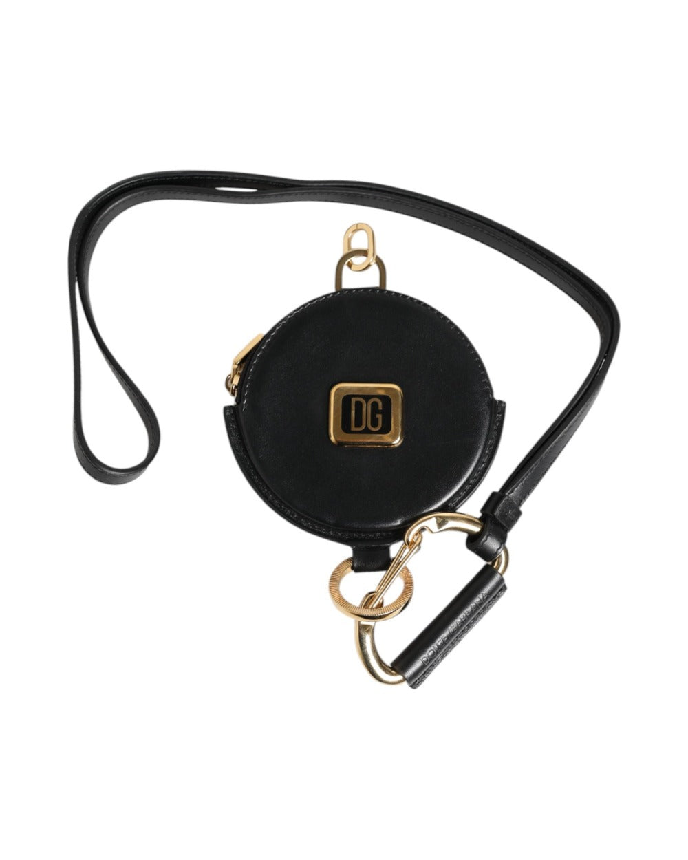 Dolce & Gabbana Black Round Leather DG Logo Coin Purse Lanyard Wallet