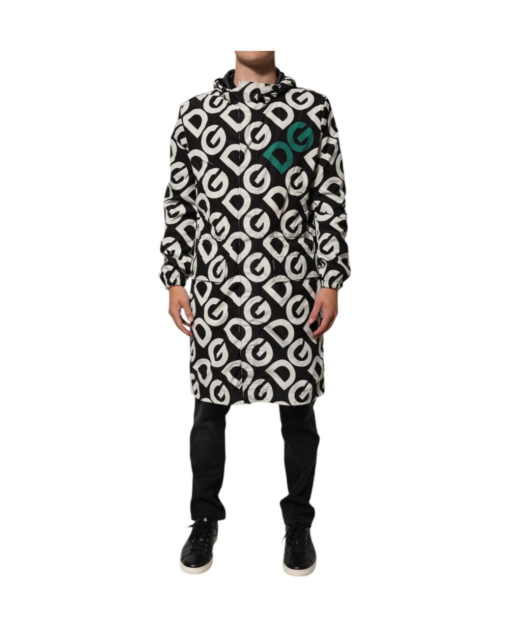 Dolce & Gabbana Black White Logo Print Hooded Coat Men Jacket