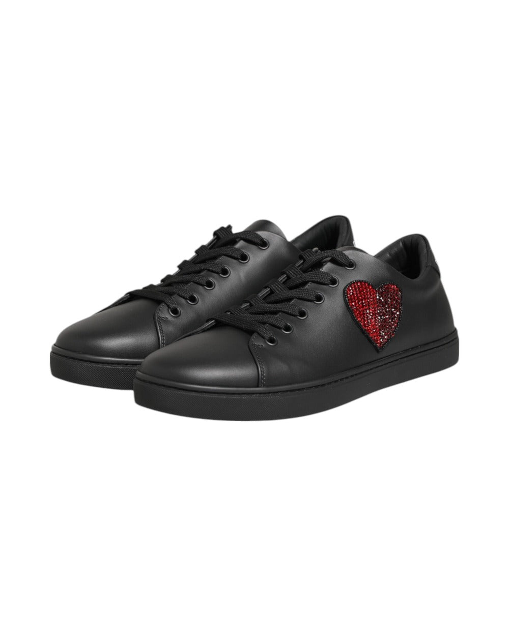 Dolce & Gabbana Black Leather Crystal Heart Sneakers Shoes