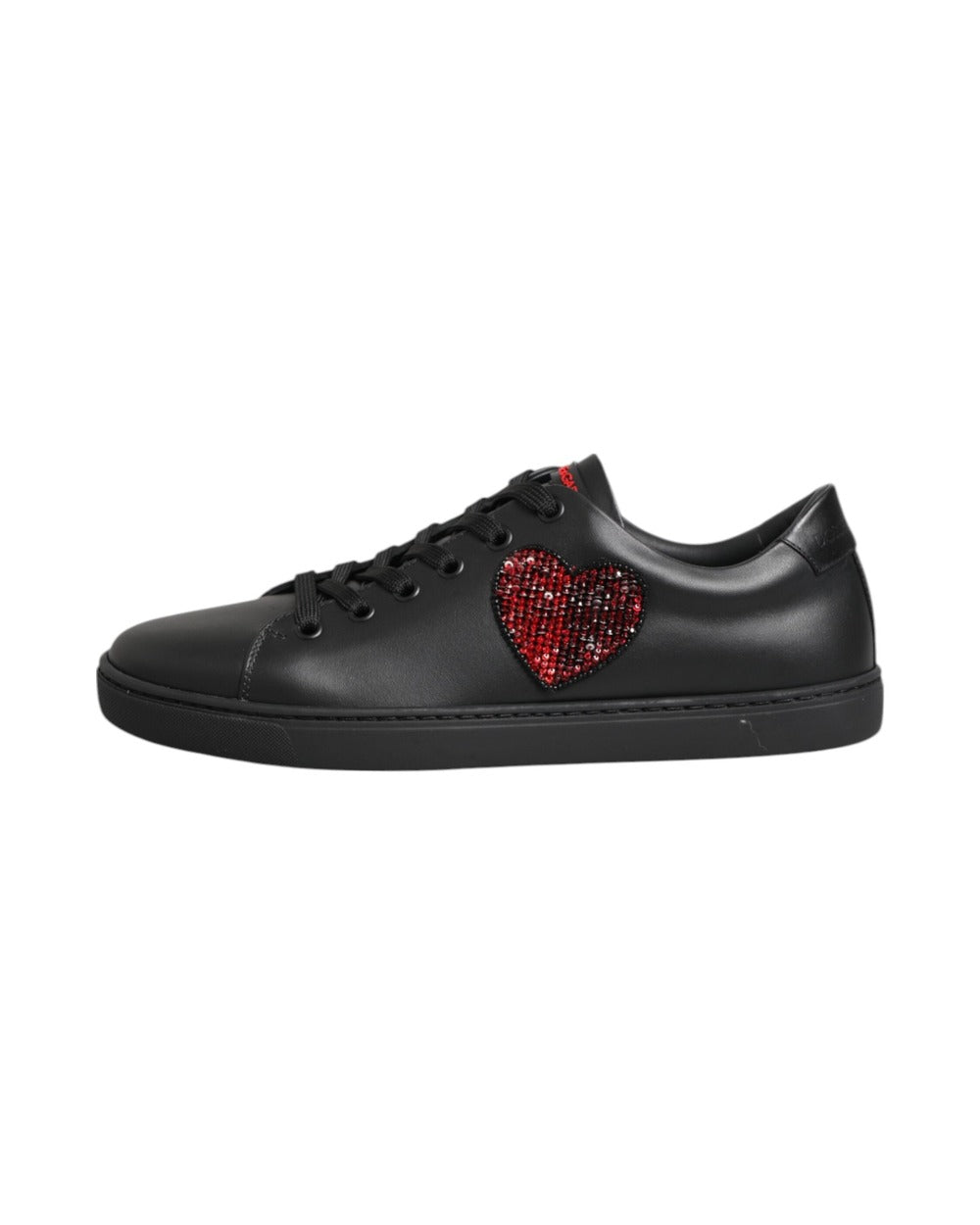 Dolce & Gabbana Black Leather Crystal Heart Low Top Sneakers Shoes