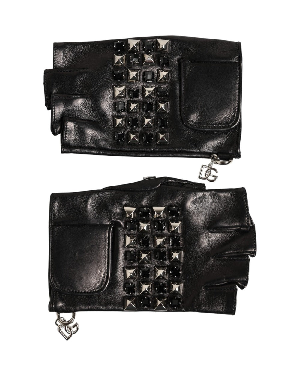 Dolce & Gabbana Black Leather Studded Fingerless Hand Mitten Men Gloves