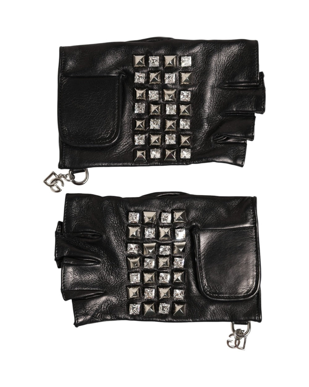 Dolce & Gabbana Black Leather Studded Fingerless Hand Mitten Men Gloves