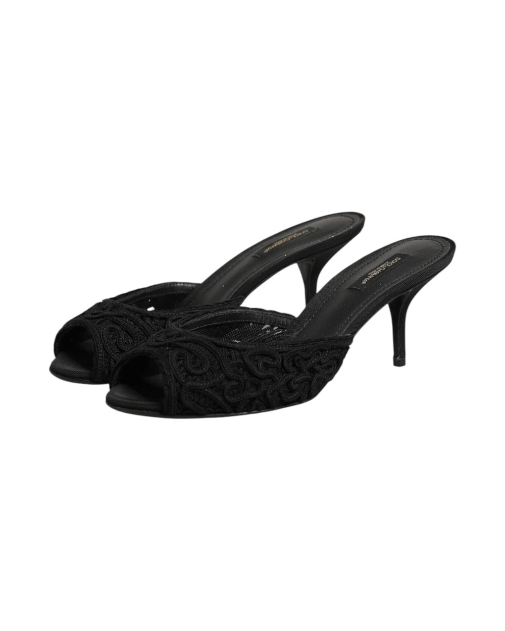 Dolce & Gabbana Black Embroidered Slip On Heels Slides Shoes
