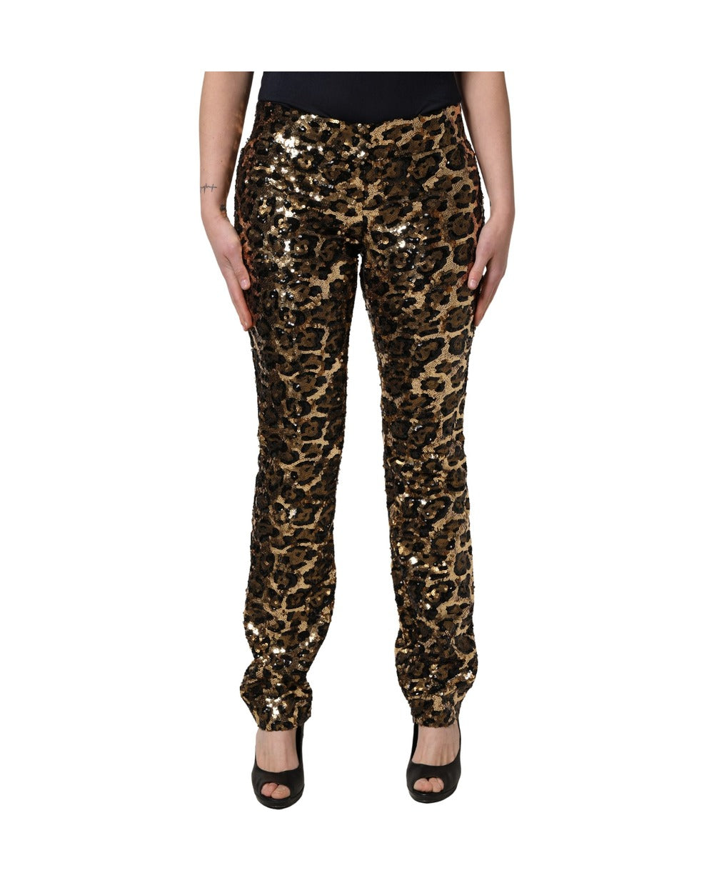 Dolce & Gabbana Gold Leopard Sequined Straight Trouser Pants