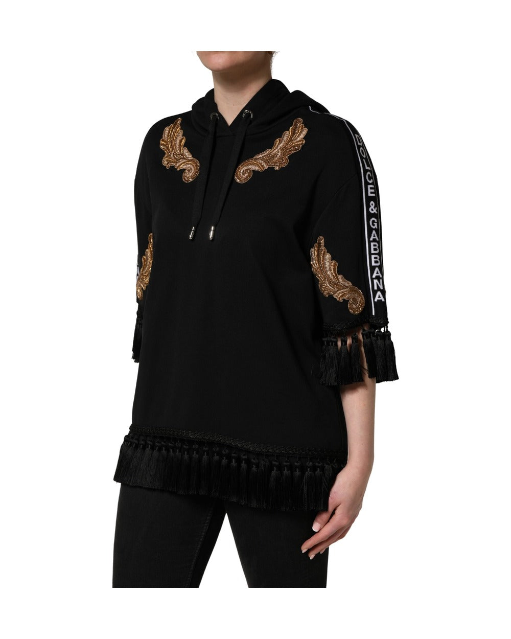 Dolce & Gabbana Black Embroidered Tassel Hooded Sweatshirt Sweater