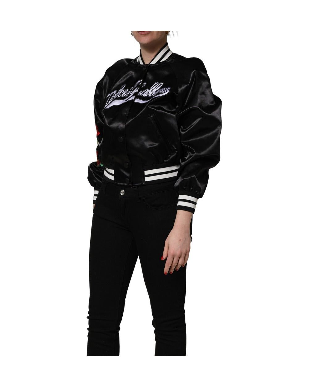 Dolce & Gabbana Black Satin Floral Embroidery Bomber Jacket