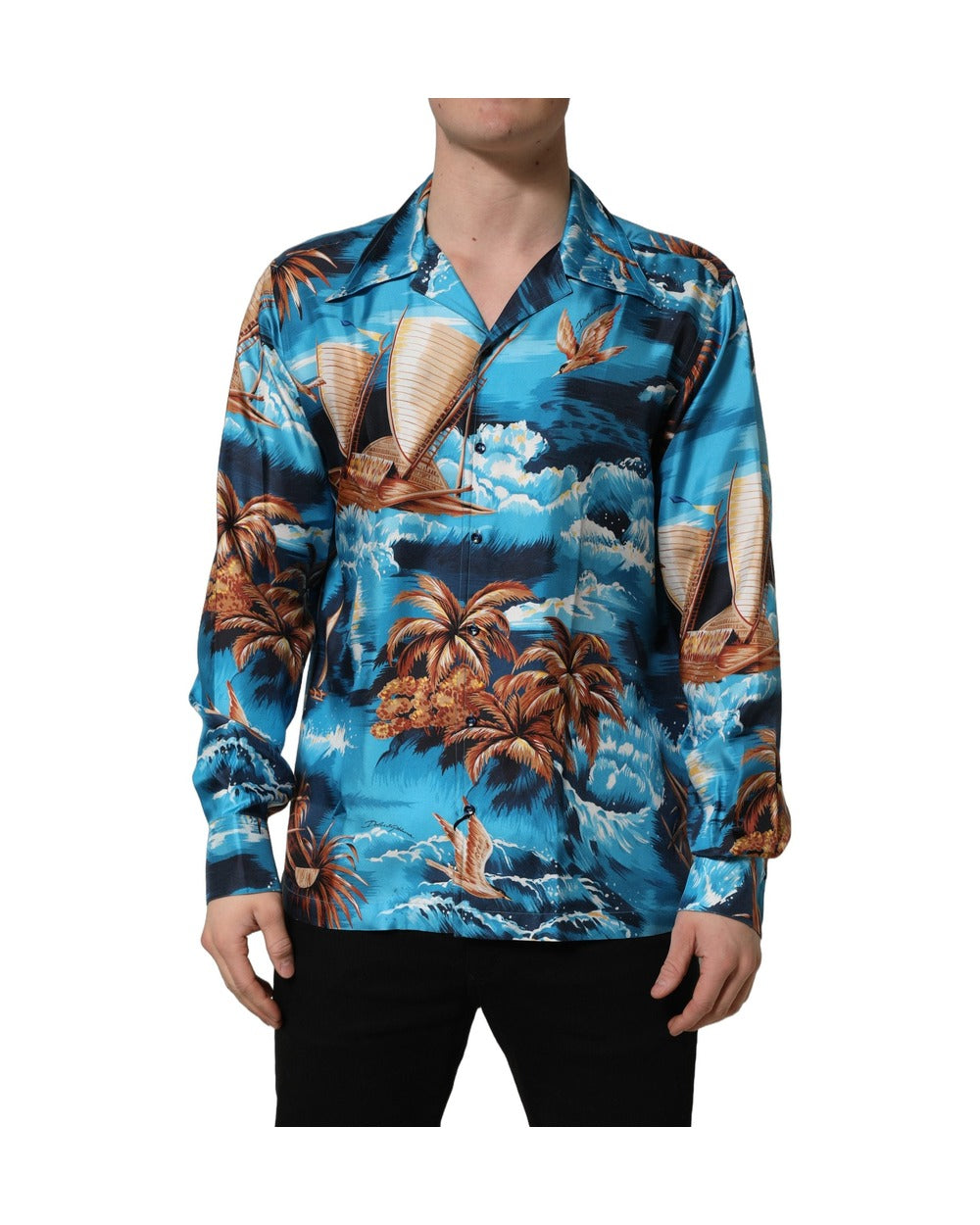 Dolce & Gabbana Blue Silk Twill Hawaiian GraphicPrint Shirt