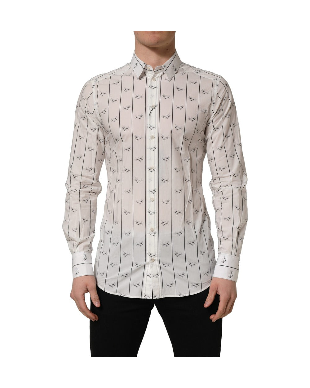 Dolce & Gabbana White Bee Print Cotton GOLD Fit Dress Shirt