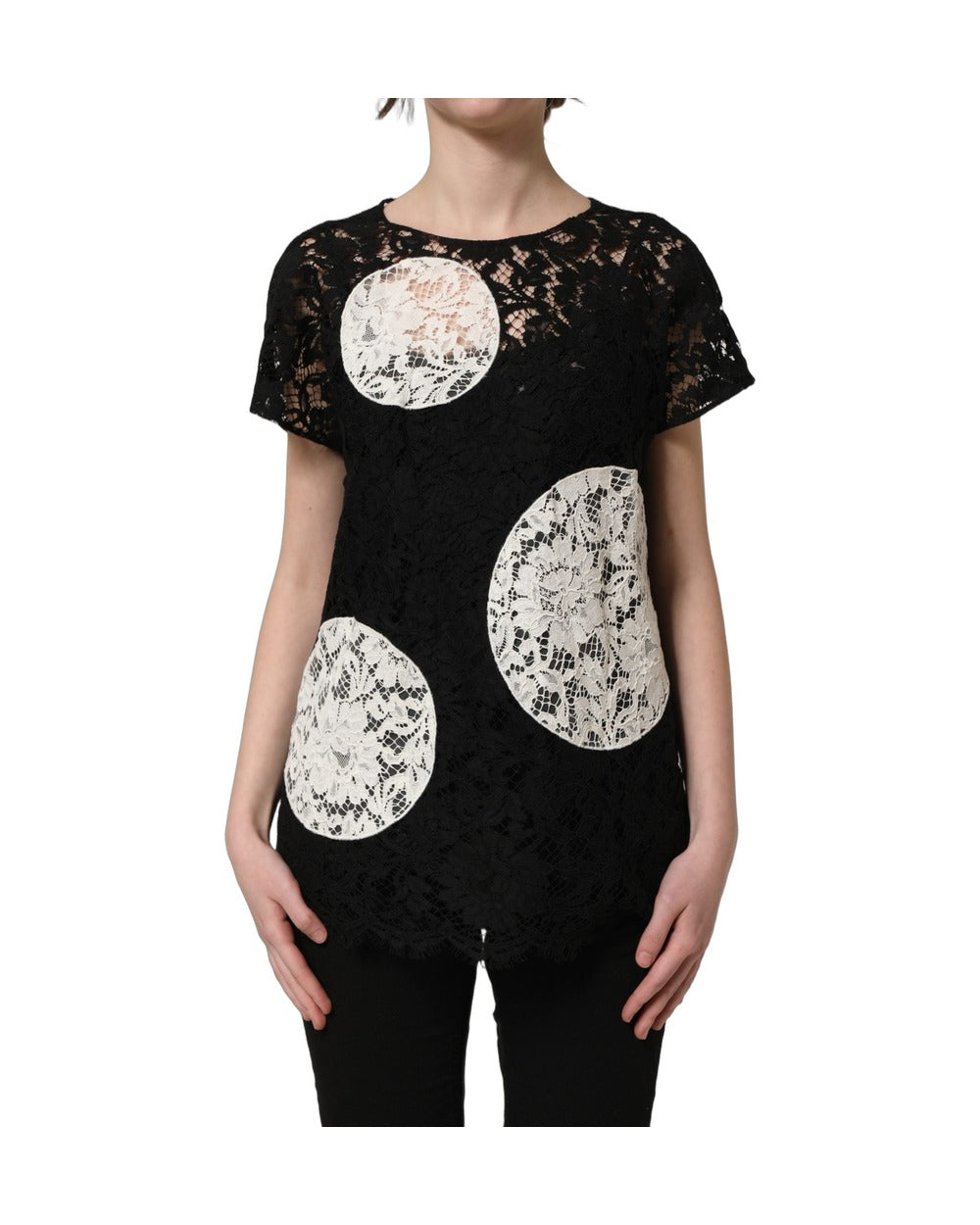 Dolce & Gabbana Black White Floral Lace Short Sleeve Blouse Top