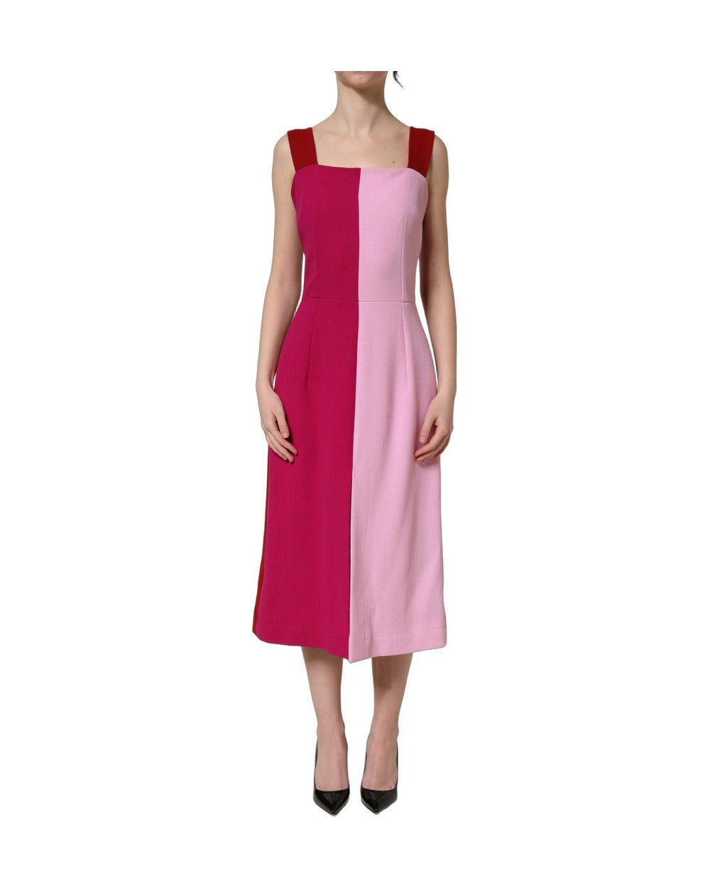 Dolce & Gabbana Two Tone Pink Wool Sleeveless Midi Dress