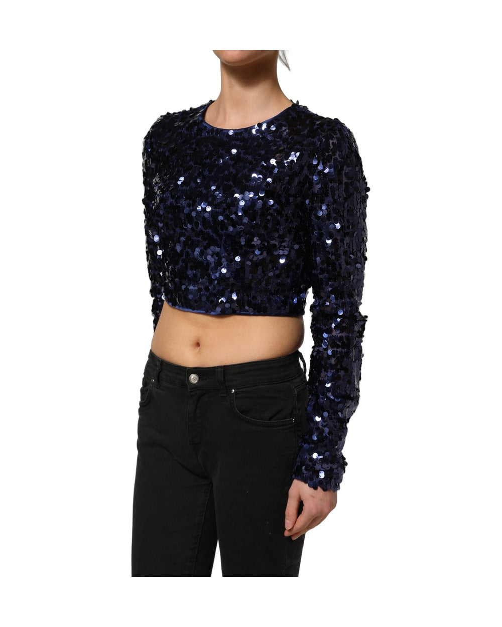 Dolce & Gabbana Blue Sequined Long Sleeves Crop Blouse Top