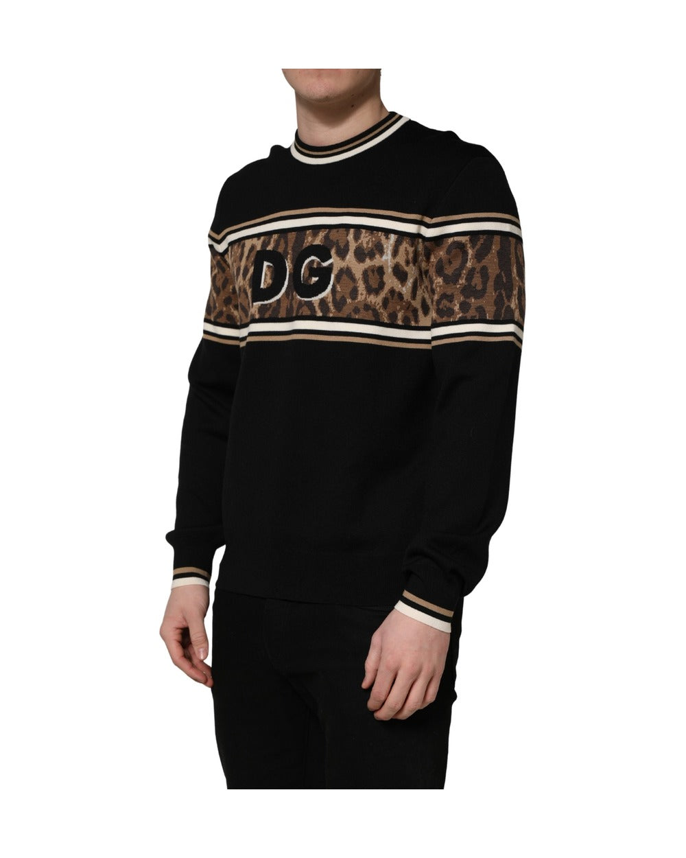 Dolce & Gabbana Black Leopard Wool Crew Neck Men Pullover Sweater