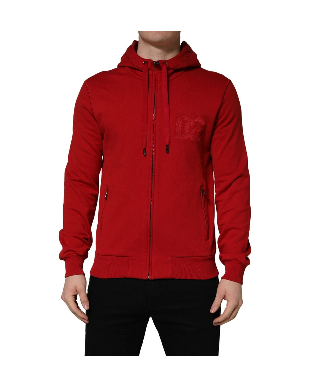 Dolce & Gabbana Red Embroidered Logo Hooded Full Zip Sweater