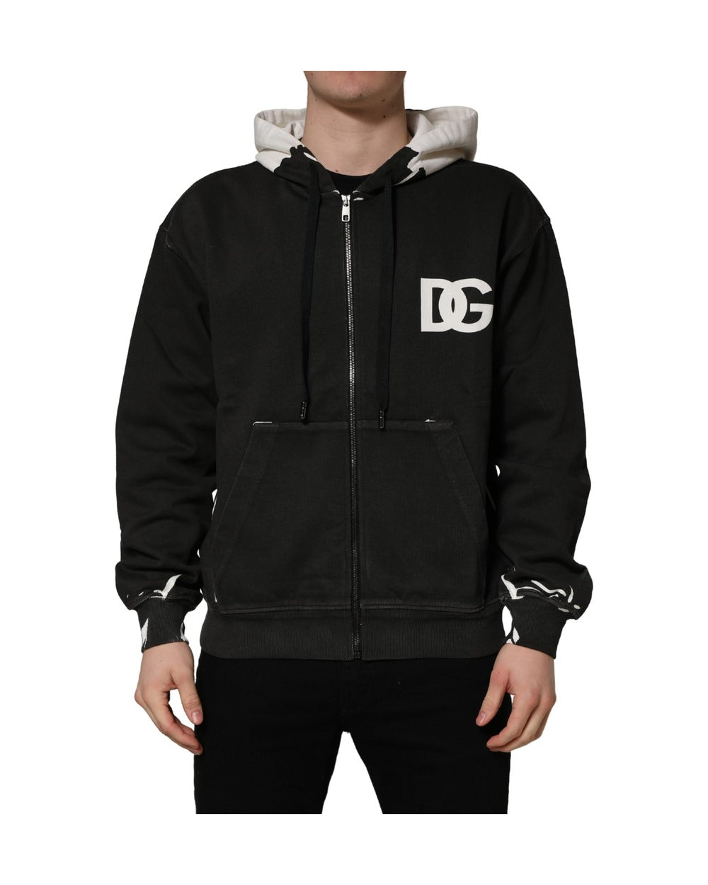 Dolce & Gabbana Black Cotton Logo Hooded Full Zip Sweater