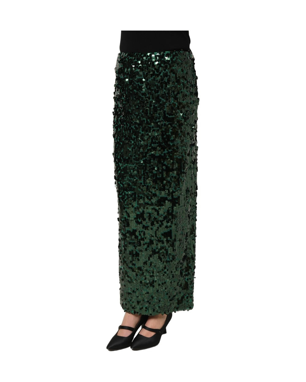 Dolce & Gabbana Green Sequin High Waist Pencil Cut Midi Skirt