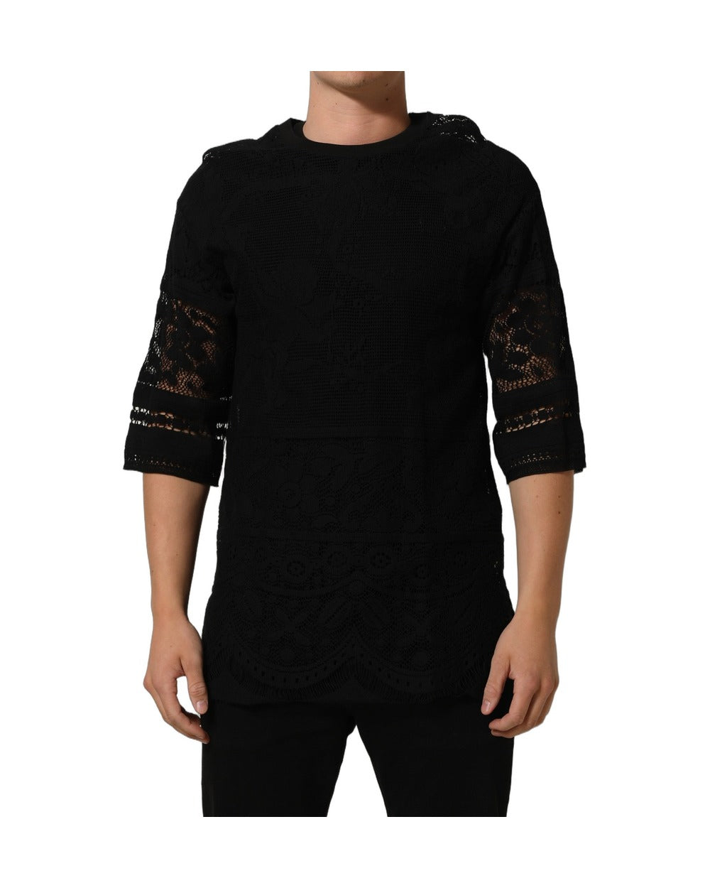 Dolce & Gabbana Black Cotton Floral Lace Crew Neck T-shirt