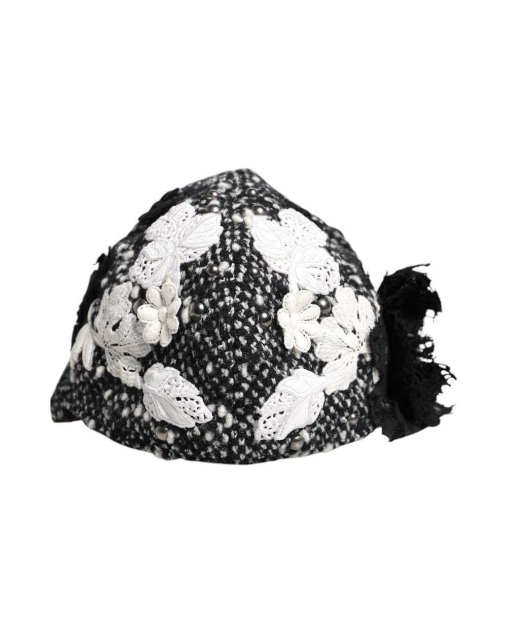 Dolce & Gabbana Black Wool White Floral Embellished Cloche Hat