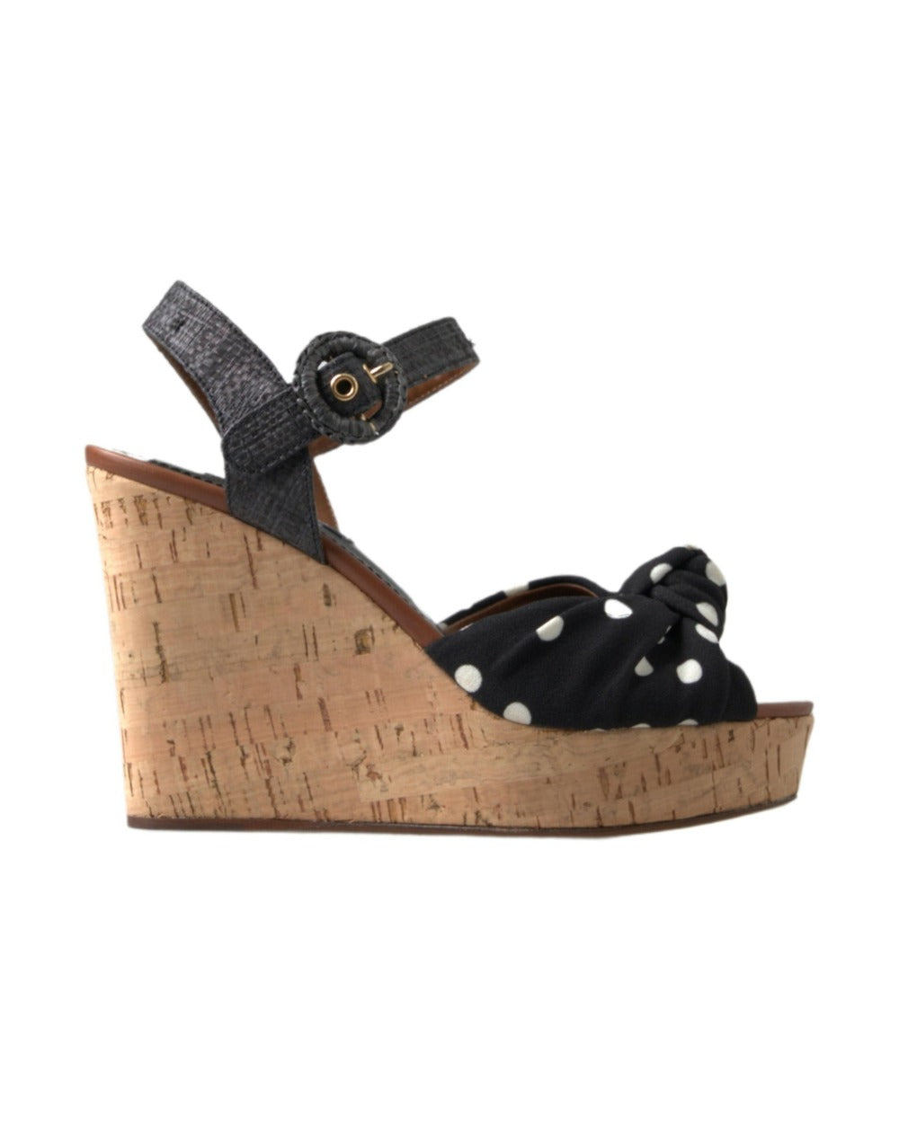 Dolce & Gabbana Black Wedges Polka Dotted Ankle Strap Shoes Sandals