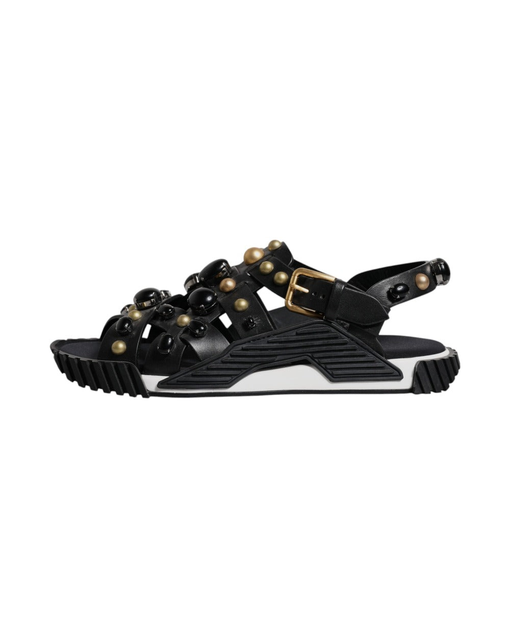 Dolce & Gabbana Black Leather Studded Slides Sandals Shoes