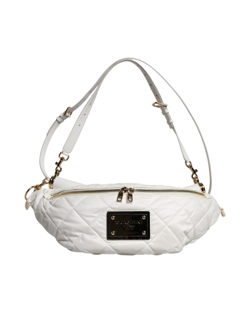 Dolce & Gabbana White Quilted Logo Plaque Belt Waist Fanny Pack Bag
