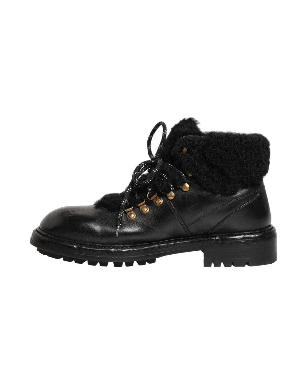 Dolce & Gabbana Black Trekking Fur Lace Leather Boots Shoes